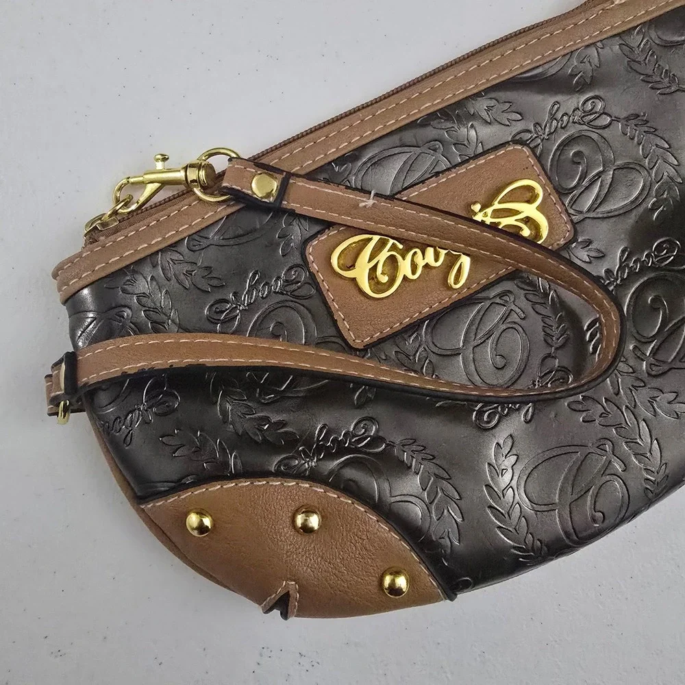 Coogi Womens Brown Embossed Monogram Wristlet Clutch Gold Hardware Studded Bag